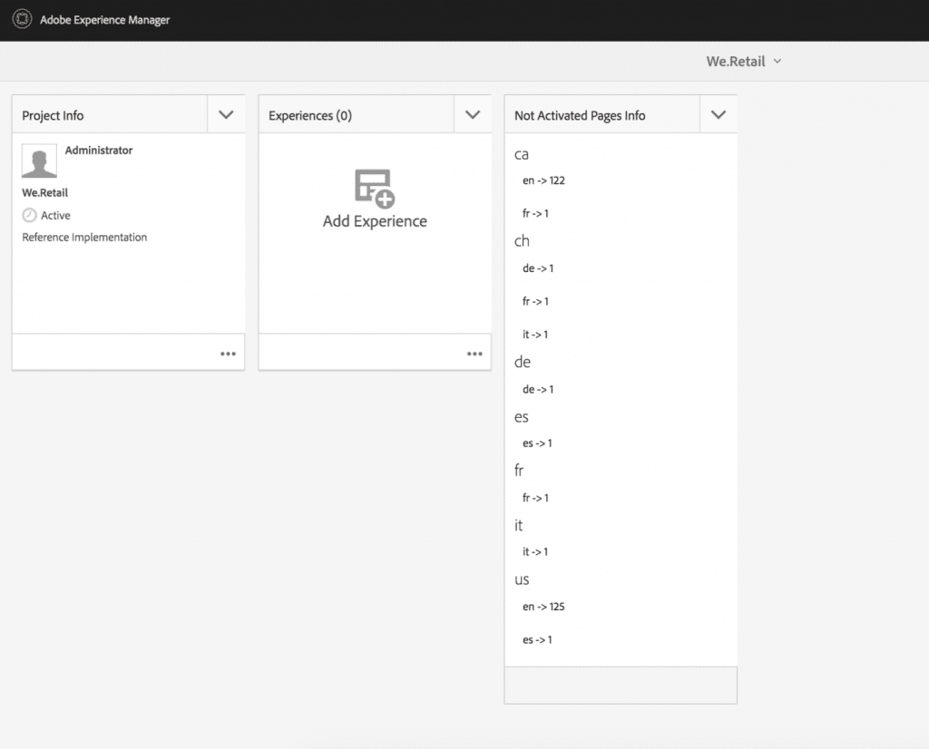 aem projects dashboard with custom project tile