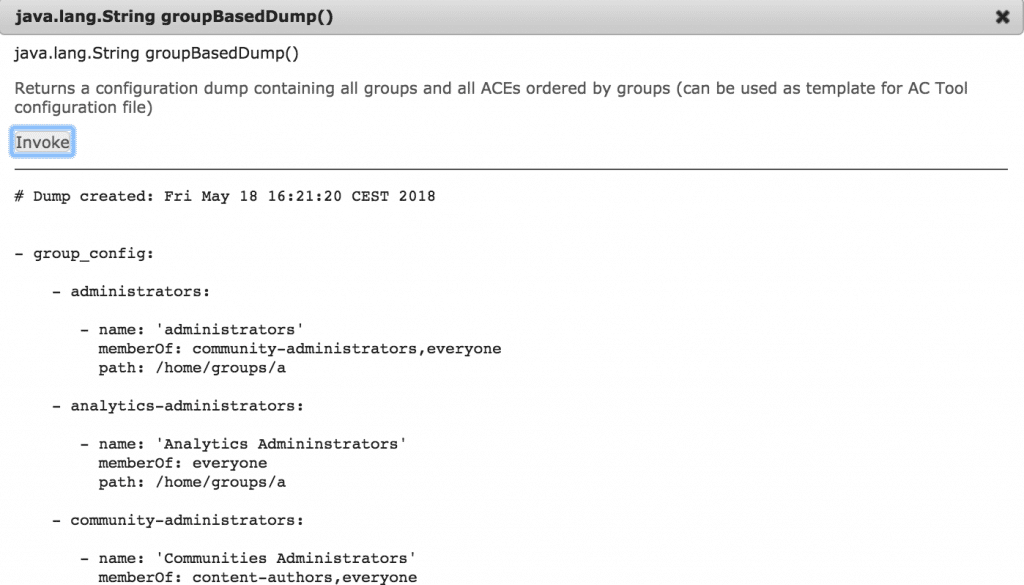 aem groups ace export via JMX